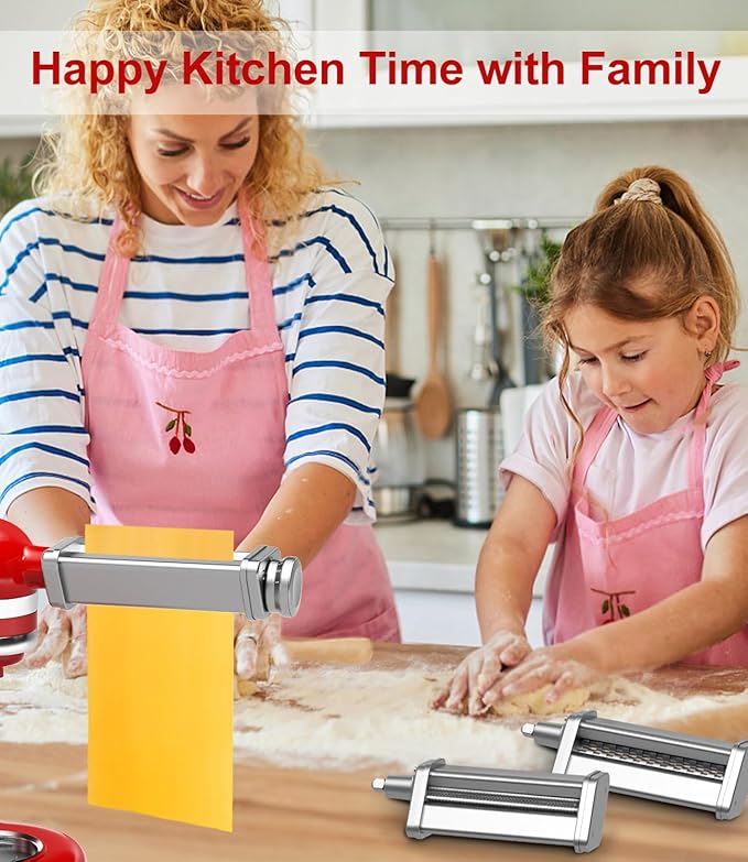 3 PCS Pasta Maker Attachments for All KitchenAid Stand Mixers, Pasta Accessories Including Pasta Roller, Fettuccine Cutter, and Spaghetti Cutter for Noodle Ravioli, 304 Stainless Steel,Cleaning Brush