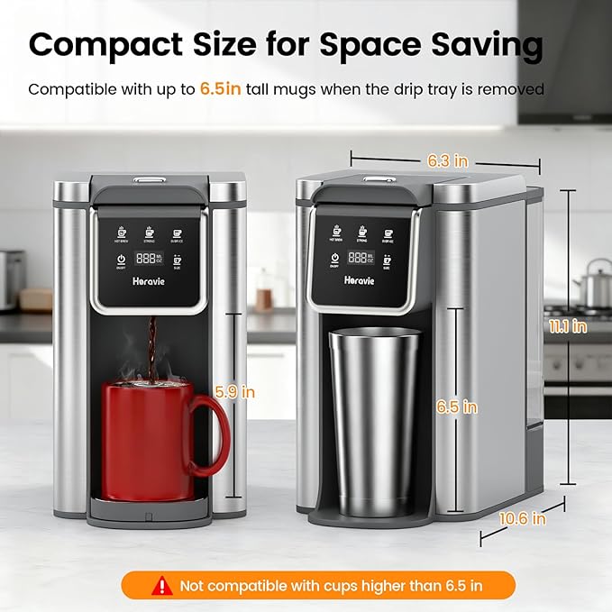 Single Serve Coffee Maker for K-Cup Pod and Grounds, Hot and Iced Coffee Maker, Stainless Steel Coffee Maker, Strong Button Feature, 6 to 14oz Brew Sizes, 50oz Removable Tank, Up to 6.5 Inch Cup, Grey