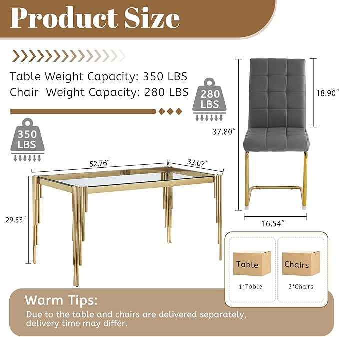 AF ARTISAN FURNITURE 53'' Glass Dining Table Set for 4, Kitchen Table Chairs Set of 4, Clear Gold Glass Dining Tables with Stainless Steel Legs, 4 Grey PU Dining Chairs, Living Room, Kitchen