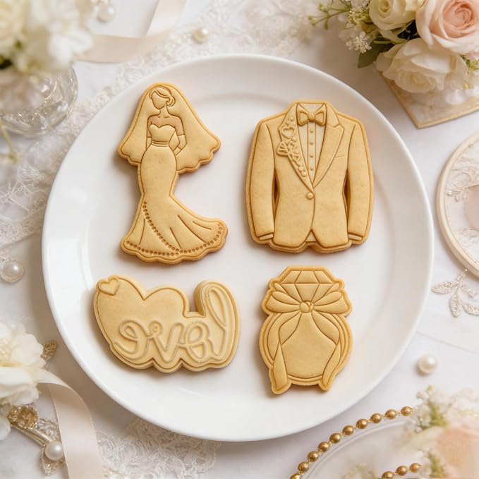 Love Cookie Cutters Set of 4 Wedding Cutter Molds 3.5" with Plunger Stamps Baking Dough Tools Cake Shapes PLA Accessories for Birdesmaid Decorative Party Kitchen Supplies