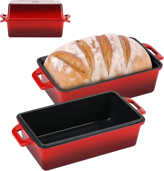 Northriver Casting 9x5 Inch Enameled Cast Iron Loaf Pan with Lid, Perfect Bread Baking Pan | Even Heat Distribution for Homemade Bread, Cake, Meatloaf，2 Piece set，Red