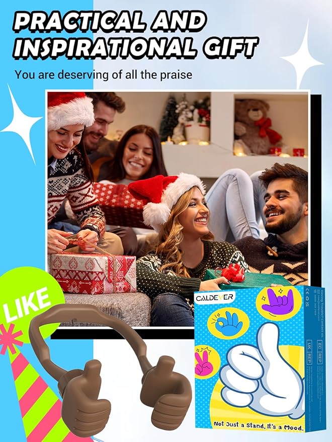 Christmas Stocking Stuffers for Teens Boys Men Cell Phone Holder: Patented Thumbs Up Phone Stand Funny Gifts for Adults Kids Teenager Husband Friend Coworkers Phone Accessories Cool Gadgets Brown