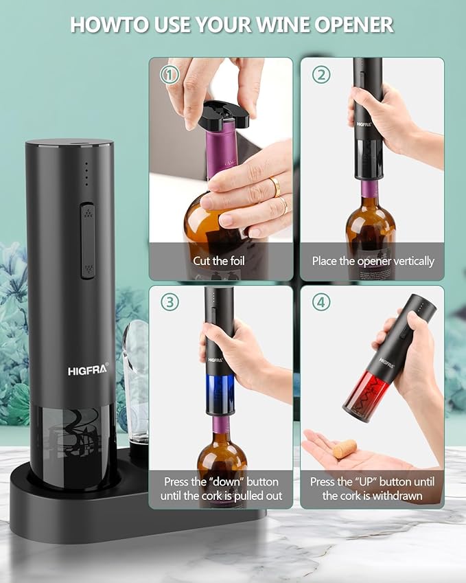 Electric Wine Opener Gift Set – Rechargeable Automatic Corkscrew with Aerator, Vacuum Seal Stoppers, Foil Cutter & Storage Base – 6-in-1 Wine Bottle Opener Kit for Wine Lovers, Women & Men