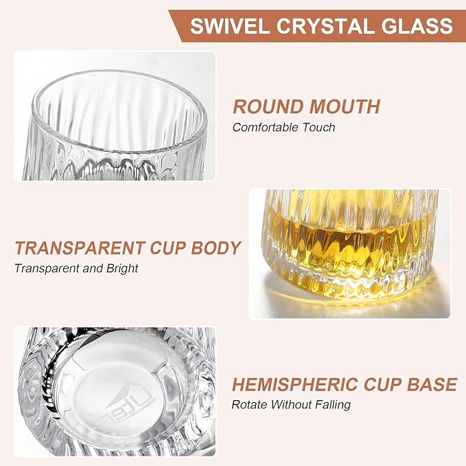 Rotatable Old Fashioned Glass Cup, 10oz/275ml Crystal Whiskey Glass, Wood Coaster, Thickening, Used as Rum Glass, Cocktail Cup, Coffee, Milk to Relax and Reduce Stress, Ideal Gift, Christmas gifts