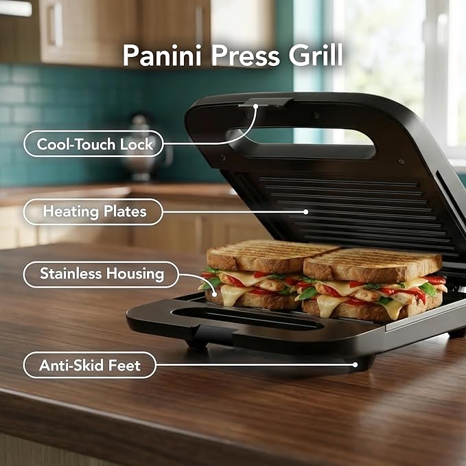 OVENTE Electric Panini Press Grill with Nonstick Plates, LED Indicator Lights, Thermostat Control, Cool Touch Handle, Compact Sandwich Maker Perfect for Cooking Breakfast, Snacks & More, Black GP0401B