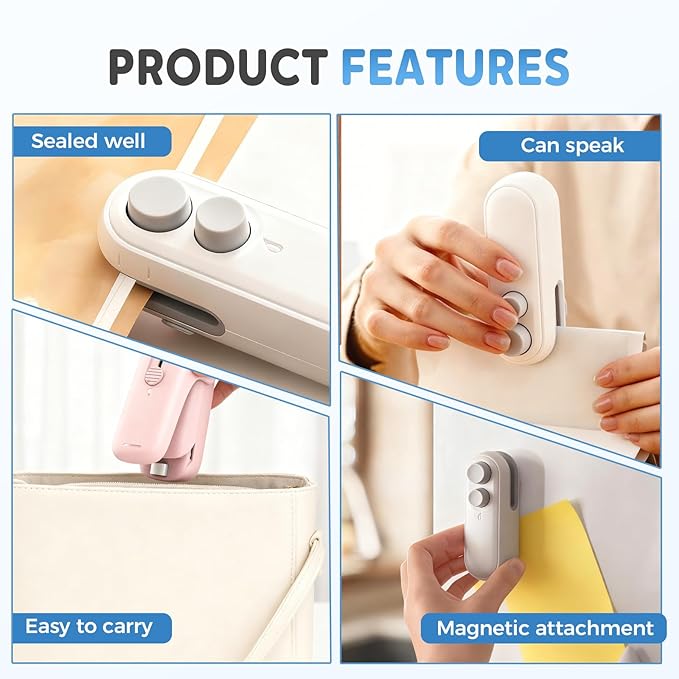 Mini Bag Sealer, Upgraded 2 in 1 Mini Bag Sealer with Cutter and Magnet, Magnetic Portable Plastic Bag Sealer for Snacks, Chips, Food Freshness Storage (2, White+Black)
