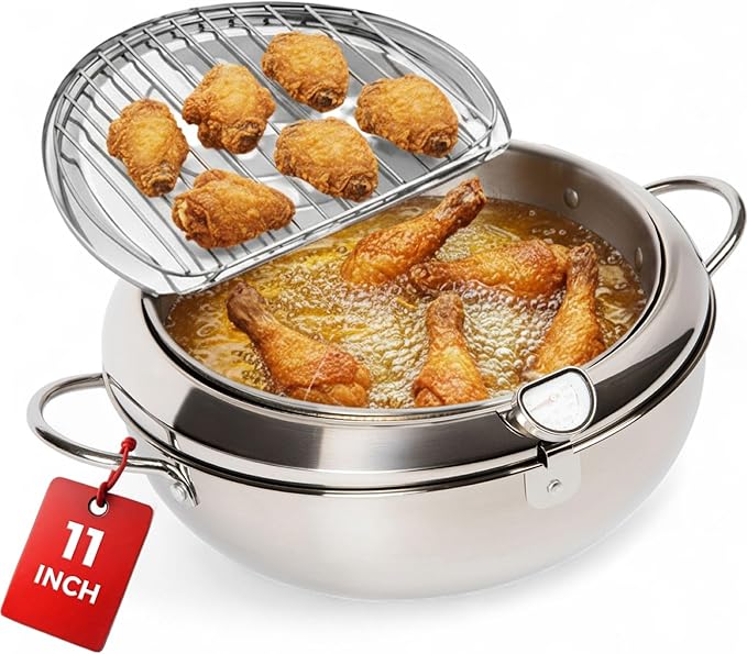 Alpha Living SDF-04 Deep Fryer Pot – 11-Inch Stainless Steel Frying Pot with Oil Thermometer – Ideal for Deep Frying Chicken, Fries, Mini Donuts, Tempura & More – Frying Pan for Home Use