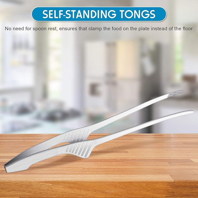 Patelai Korean and Japanese BBQ Tongs Non Slip Cooking Utensils Stainless Steel Tongs for Serving Food, Salad, Camping, Barbecue, Buffet, Oven with Support Stand(Silver,2 Pieces)