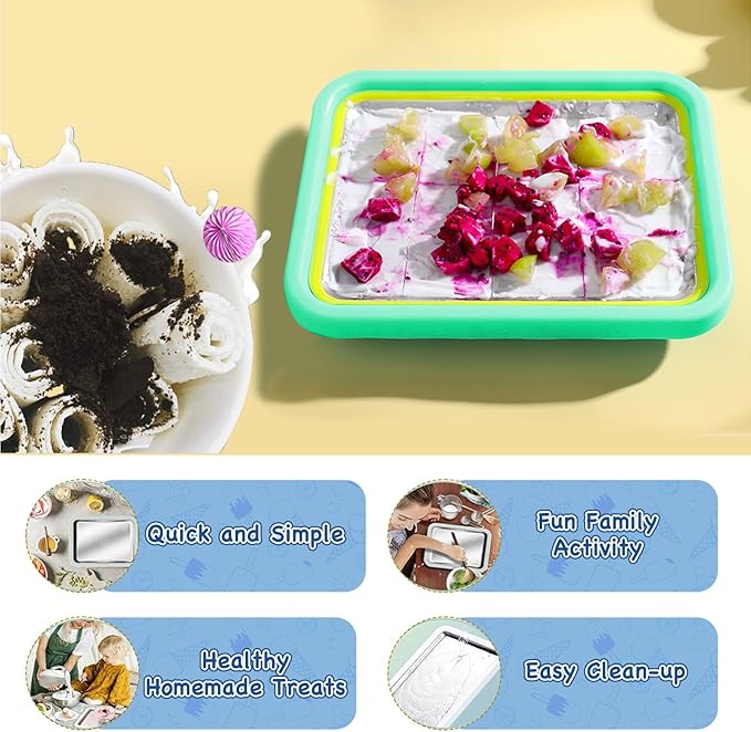 Mini Rolled Ice Cream Maker, Frozen Yogurt Rolls Tray, Instant Cold Plate Ice Cream Maker, Homemade DIY Smoothies, Ideal for Family Activities, Mint Green