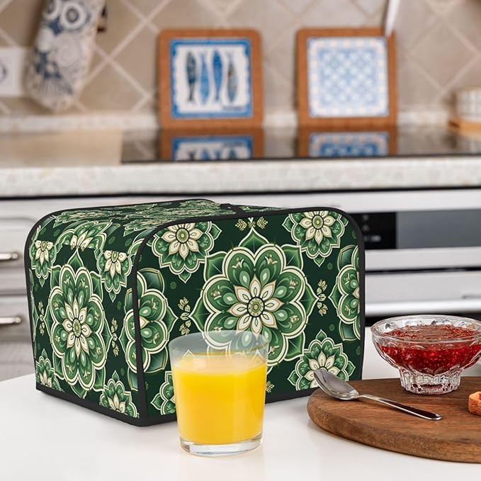 Green Mandala Ethnic Covers for Toasters 4 Slice,Cute Funny Bread Machine Cover with Handle,Washable Stain Resistant Kitchen Small Appliance Cover Dining Decor