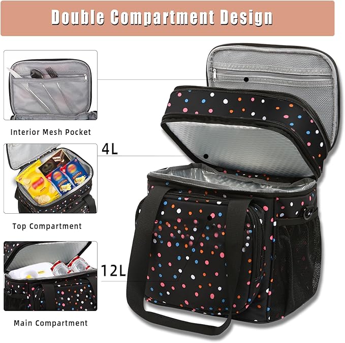 Expandable Insulated Lunch Box, Double Deck Lightweight Large Lunch Bag Tote Leakproof Cooler Bags for Women Adults Work Outdoor Picnic Daytrip, Polka Dots, 16L