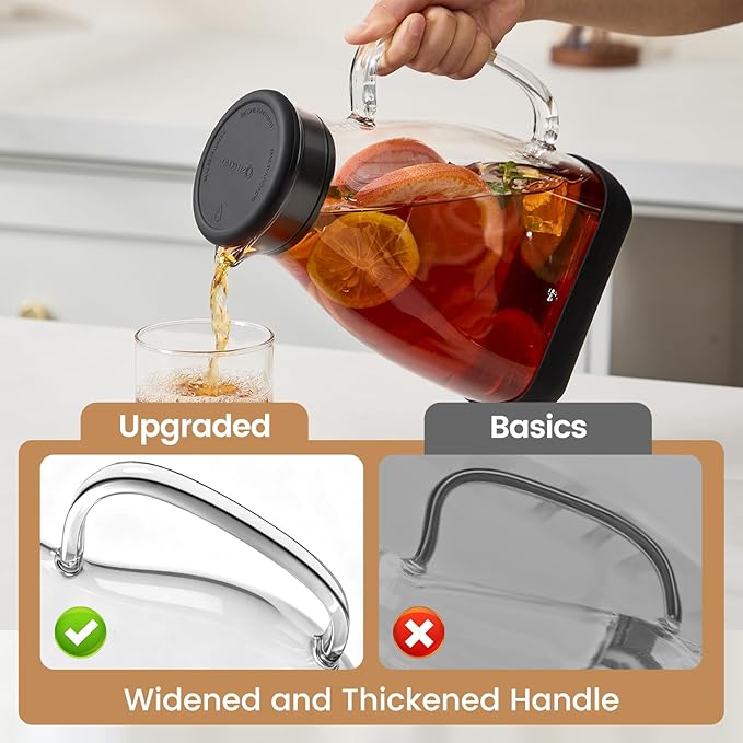 Glass Pitcher with Lid, 68 oz(1/2 Gallon), Hot/Cold Glass Water Jug with Silicone Lid, Borosilicate Glass Carafe Wide Mouth Juice and Iced Tea Beverage Serveware (Flat)