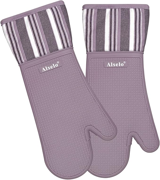 Alselo Silicone Oven Mitts Heat Resistant 550 Degree Extra Long Kitchen Gloves Pot Holders with Waterproof and Non-Silp for Baking Cooking Barbecue Microwave Machine Washable (Extra Long Purple, 2)