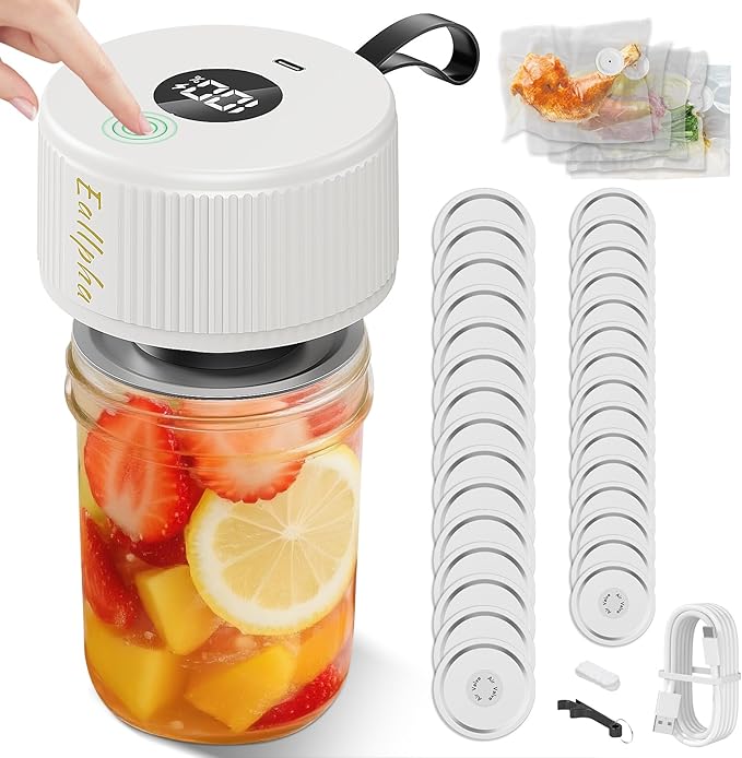 Electric Mason Jar Vacuum Sealer Kit – Automatic Jar Sealer for Wide & Regular Mouth Mason Jars, Food Storage Vacuum Sealer for Coffee Beans, Dry Food & Meal Prep Includes 30 Lids