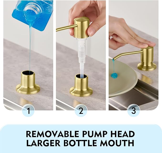 CREA Light Gold Soap Dispenser for Kitchen Sink, Stainless Steel Built-in Sink Soap Dispenser Pump with 17 oz in-Counter Bottle and 39" Extension Tube for Under Sink, Brushed Finish