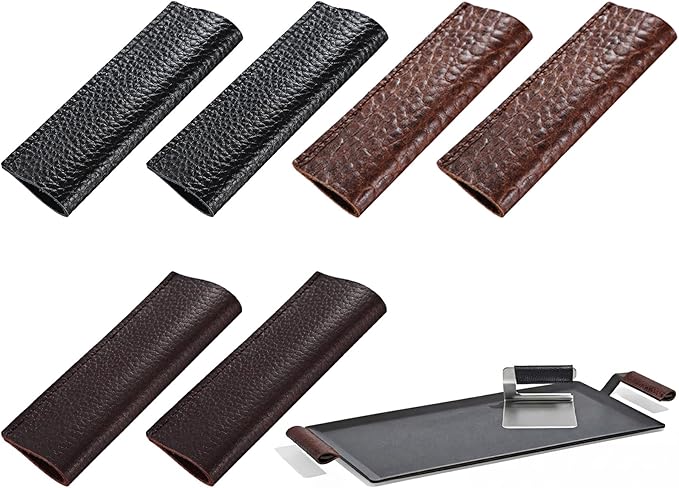3 Pairs Leather Handle Covers, Heat Resistant Removable Griddle Handle Covers, for Cast Iron Carbon Steel Griddle and Grill Press, 4.25 x 1.5 Inches, Set of 6, Brown Black Burgundy