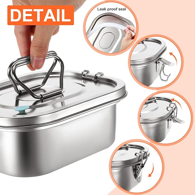 2 Pieces Metal Bento Box for Adults Metal Lunch Box Stainless Steel Bento Containers Leakproof Dual Tiers Lunch Container With Airtight Valve Handle Dishwasher Safe(Medium)