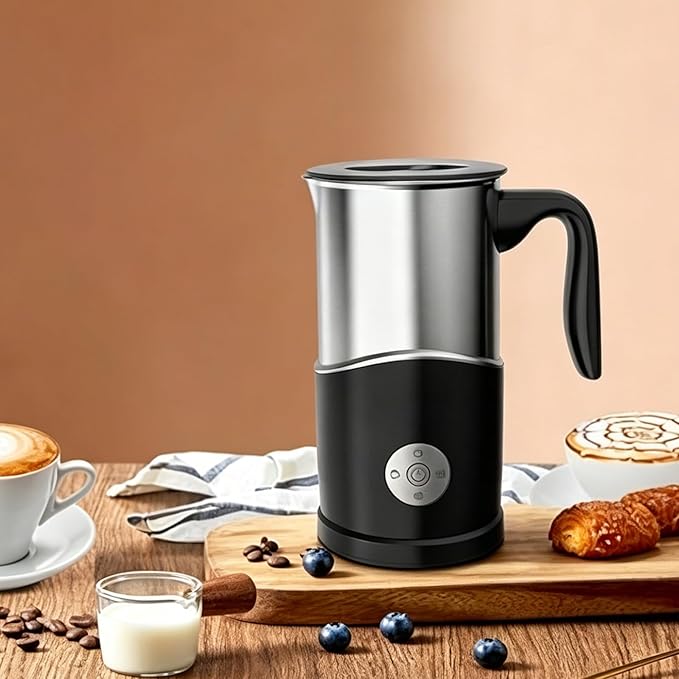 Electric Milk Frother, Stainless Steel Automatic Milk Steamer with 4 Functions, Ergonomic Handle, One-Button Operation for Hot Milk, Hot Chocolate, Hot and Cold Milk Foam