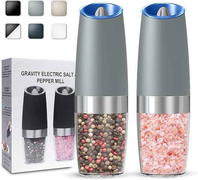 Gravity Electric Salt and Pepper Grinder set of 2, Automatic Salt And Pepper Grinder Set, Adjustable Roughness, Battery Powered, LED Light, 2 Pack, (Light Grey)