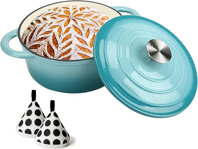 COOKWIN Cast Iron Dutch Oven, 3 QT Round Dutch Oven Pot with Self Basting Lid for Home Baking, Braiser, Cooking, Great Christmas Gifts for Family,Teal
