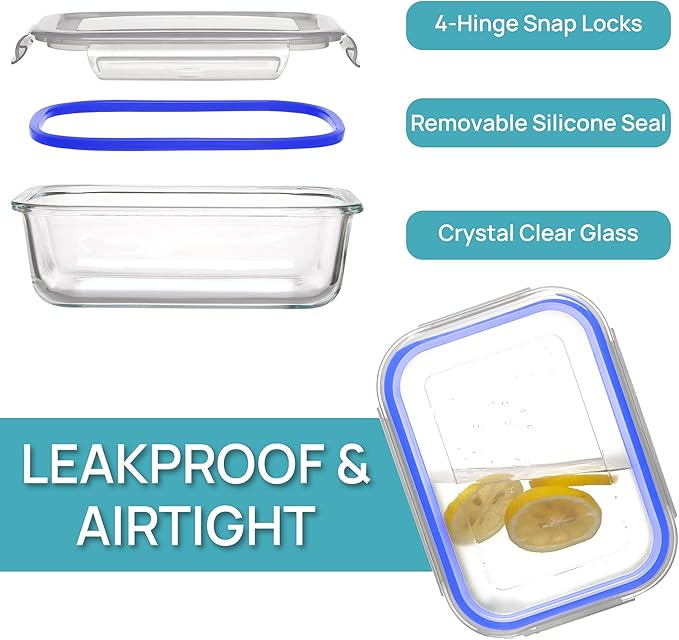 Vtopmart 5 Pack 35oz Glass Food Storage Containers with Lids, Meal Prep Containers, Airtight Reusable Lunch Container Set, Safe for Oven, Microwave, Freezer, and Dishwasher, Blue