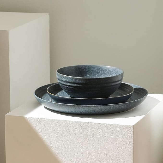 Stone Lain Elio 12-Piece Dinnerware Set Stoneware, Plates and Bowls Set, Dish Set for 4, Blue