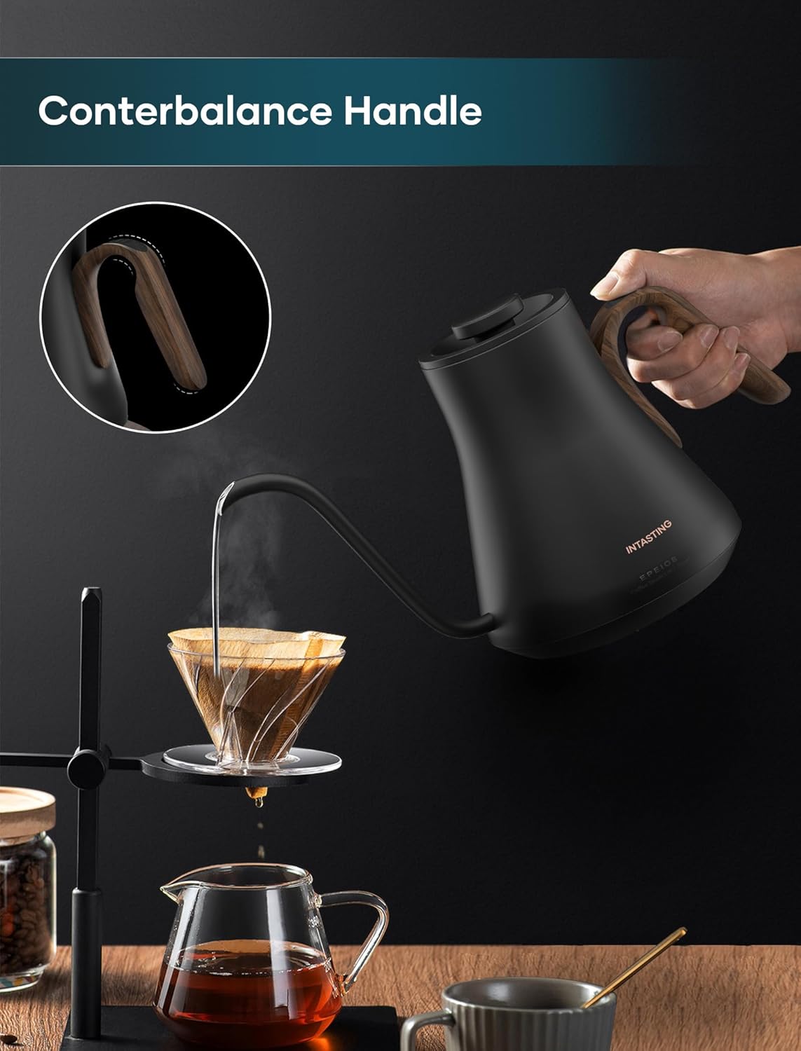 Electric Kettles, INTASTING Gooseneck Electric Kettle, ±1℉ Temperature Control, Stainless Steel Inner, Quick Heating, for Pour Over Coffee, Brew Tea, Boil Hot Water, 1500W/0.9L (Glossy Black)