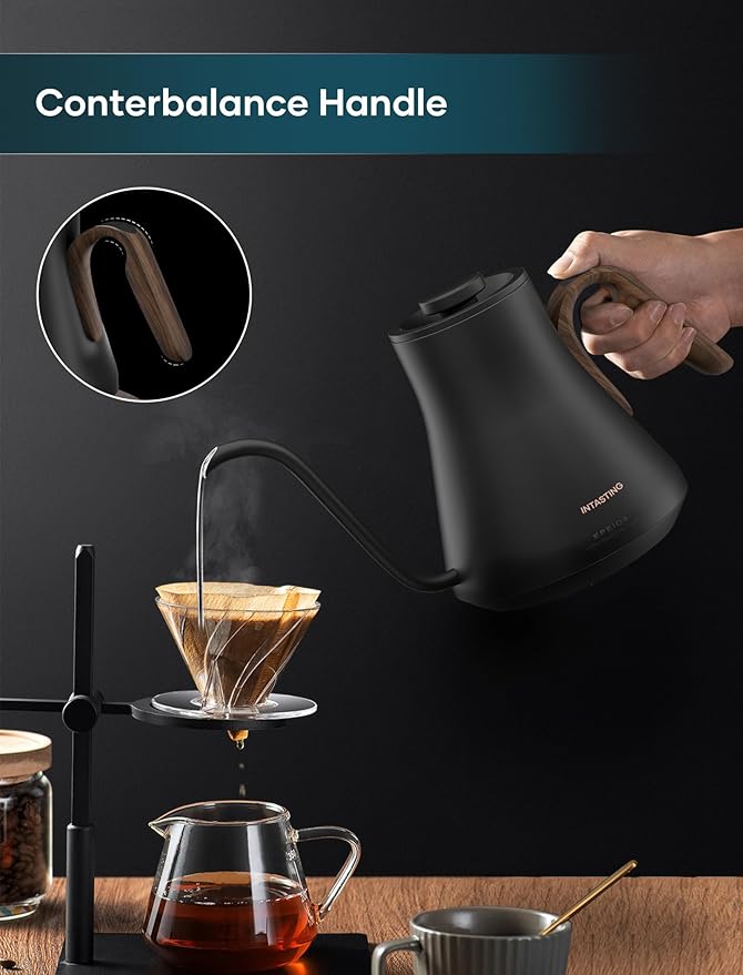 INTASTING Gooseneck Electric Kettle with ±1℉ Temperature Control for Pour Over Coffee & Tea, Quick Heating, BPA-Free Stainless Steel, Built-in Brew Timer, 1500W/0.9L (Black Walnut)