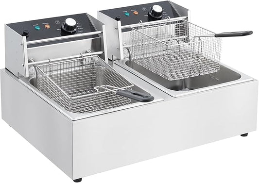 Commercial Electric Deep Fryer, 6L x 2 Dual Tank Stainless Steel Deep Fryer with Frying Basket & Lid, Countertop Fryer for Home Kitchen and Restaurant, 3600W, 110V