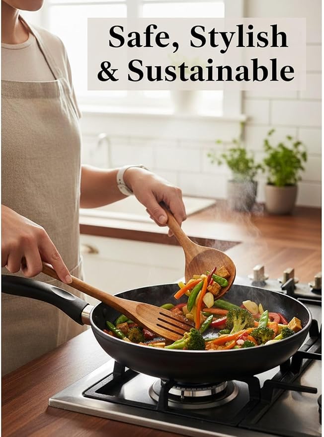 Natural Teak Wood Kitchen Utensil Set - 8 Piece Non-Stick Cooking Spoons & Spatulas, Heat Resistant & Eco-Friendly, Durable Wooden Tools for Nonstick Cookware