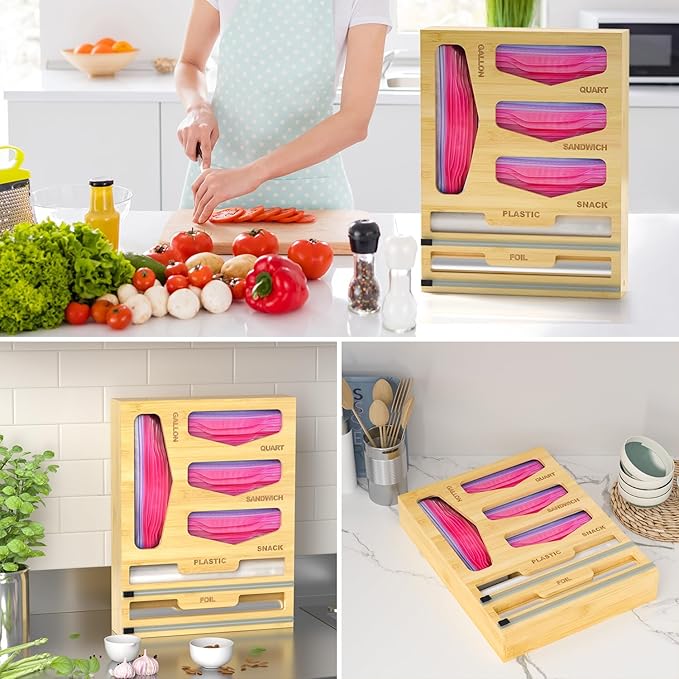 DALSHABET Bamboo Bag Organizer with Magnetic Closure, 6 In 1 Kitchen Drawer Foil and Plastic Wrap Dispenser with Cutter, Storage bag for Gallon, Quart, Sandwich, Snack Beige