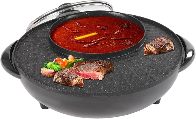 Hot Pot with Grill 2 in 1 Electric BBQ Grill Shabu Shabu Pot Non-Stick Smokeless Korean Barbecue Grill Indoor with Temp Control for 3-5 People Fast Heating