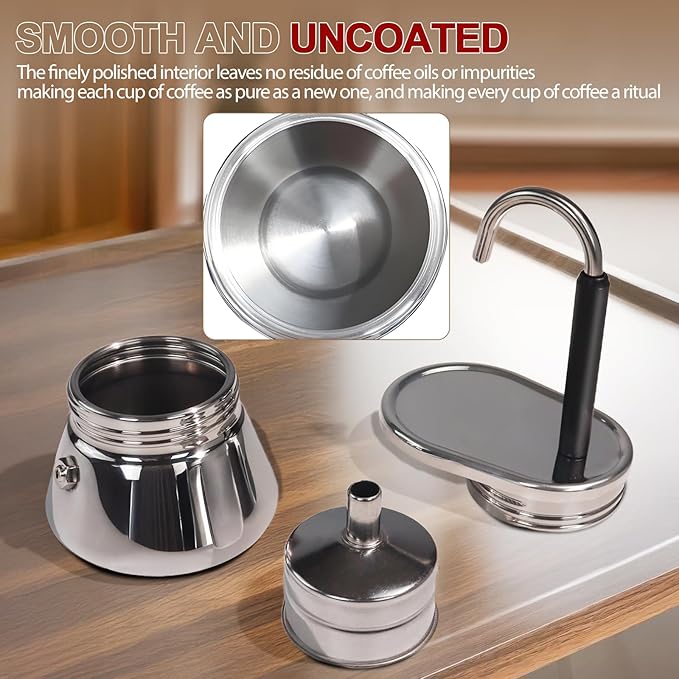 Uncoated 4 Cup Single Tube Moka Pot 304 Thickened Stainless Steel Mini Coffee Maker Stovetop Espresso Coffeemaker Italian Classic Style Brewing Greca Cafe Mocha for Camping Travel Home 310ml