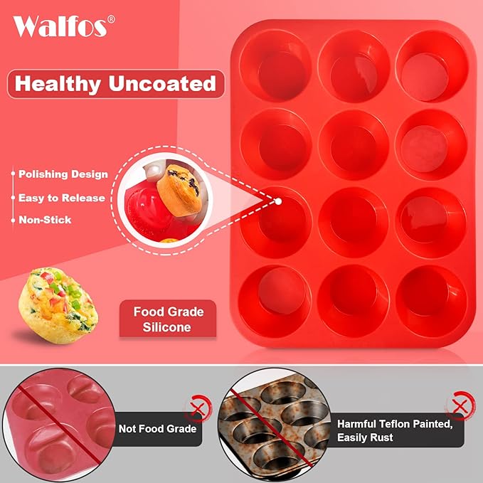 Walfos Silicone Muffin Pan - Cupcake Pans Set of 3, Including 24 Cups Mini Muffin Pans, 12 Cups Regular & 6 Cups Jumbo Muffin Pan, Pop Out Easily - BPA Free & Dishwasher Safe