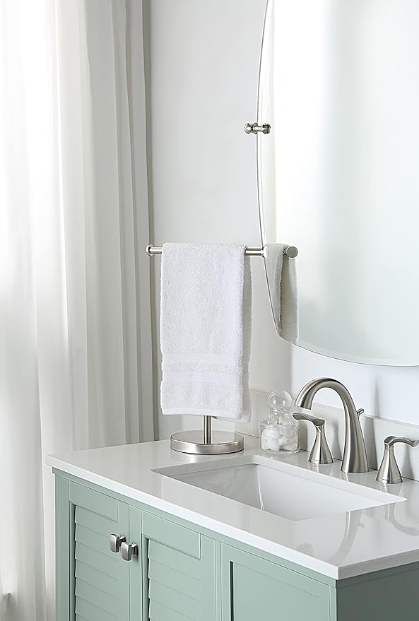 SunnyPoint Countertop Hand Towel Holder Stand – 16.5" Tall Stainless Steel T-Bar Rack with Weighted Base, Brushed Satin Nickel Finish – Jewelry Holder for Bathroom, Vanity, or Kitchen