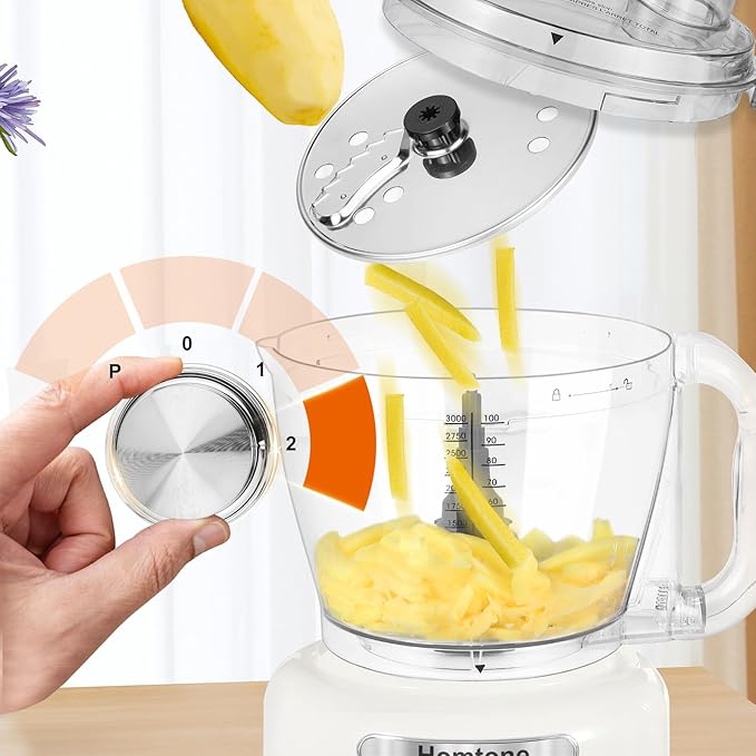 Homtone 16 Cup Food Processor Large, 9-in-1 Vegetable Chopper with 7 Blades for Shredding, Slicing, French Fry Cutting, Meat Grinding, Dough Kneading & Emulsifying, 3 Speeds, Dishwasher Safe, White