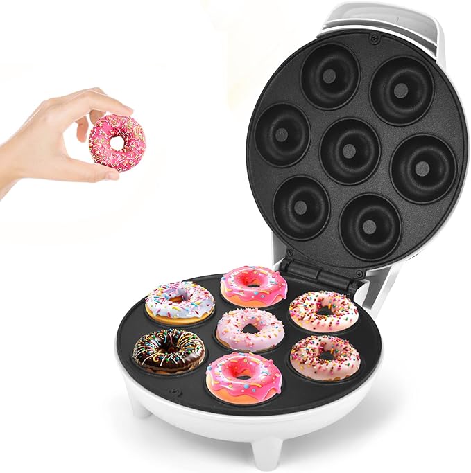 DSP Mini Donut Maker - Non-Stick, Cool Touch Electric Doughnut Machine for Mini Donuts - Perfect for Breakfast, Snacks & Desserts (White, 7 Donuts)