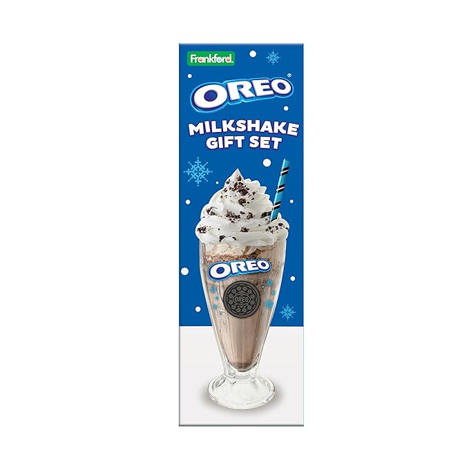 Frankford Candy OREO Cookies and Cream Milkshake Gift Set with Cookie Pieces, 2 Glass Cups, 2 Straws, and Ice Cream Scoop