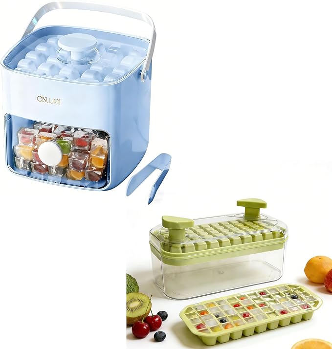 Ice Cube Tray with Lid and Bin+ Ice Cube Trays Press Easy Release