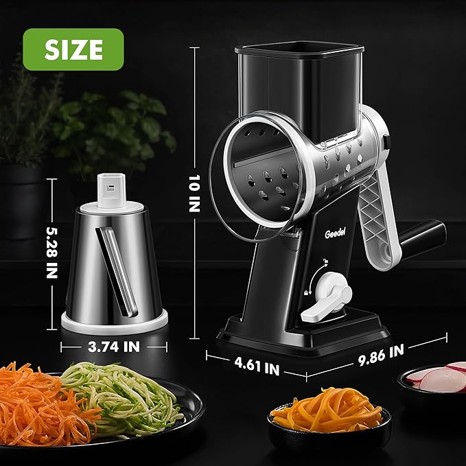 Geedel Rotary Cheese Grater - Upgraded Vegetable Shredder with 4 Interchangeable Blades, Easy to Clean Cheese Shredder with Handle, Kitchen Grater Nuts Grinder for Cutting Cheese, Vegetable, Nuts