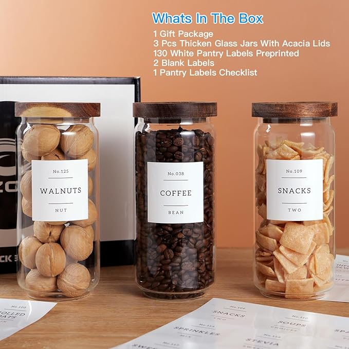 CZZGSM 3 Set Glass Pantry Storage Jars with Acacia Airtight Lid - 35oz Thicken Glass Kitchen Canisters with 132 Pantry Labels - Clear Food Storage Containers with Wood Lid for Tea,Sugar,Cookie,Pasta