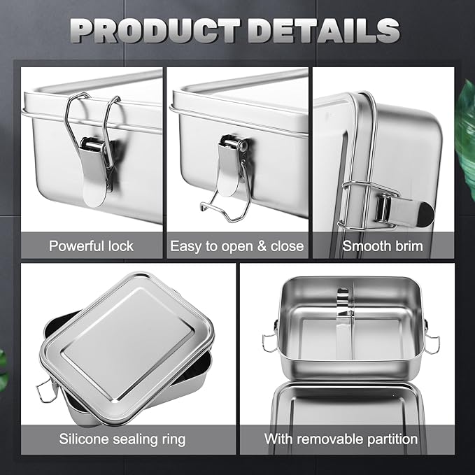 Umigy 1 Pcs Stainless Steel Food Containers 1200ml Metal Bento Lunch Box Stainless Steel Food Storage Containers, Lockable Clips to Leak Proof, Reusable Dishwasher Snack Boxes for Work, Picnic