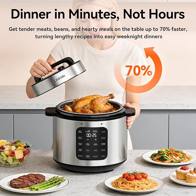 Carori 8 Qt Electric Pressure Cooker, 9-in-1 Multi-Cooker 1000W with IMD Touchscreen, Non-Stick Inner Pot, For Pressure/Slow/Rice Cooking, Steaming, Sauté & Keep Warm, Silver