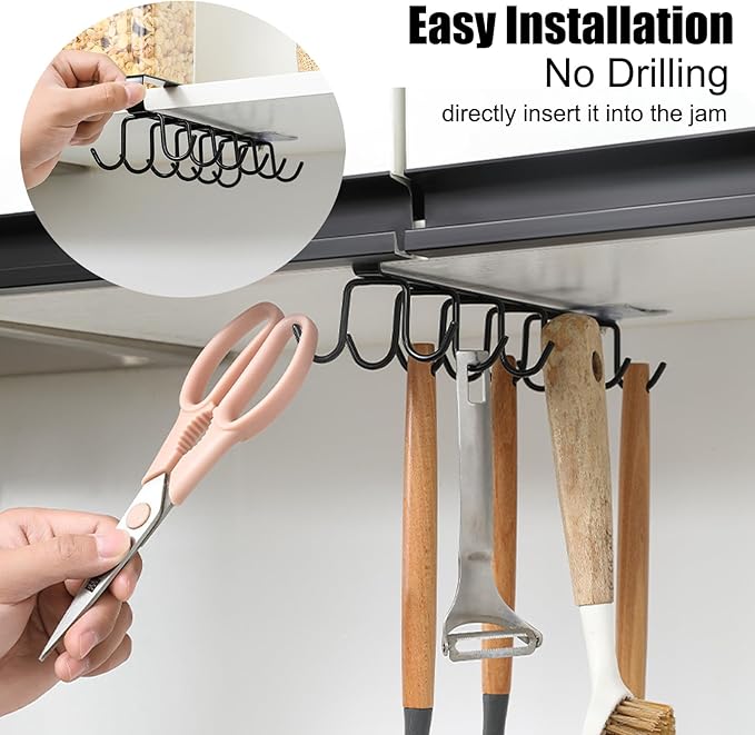 Under Cabinet Kitchen Utensil Hooks, Iron Double Row Rail Mug Holder Under Shelf Clip On Cabinet Hook Spoon Shovel Shelving for Restaurant Cup Hanging(Black)