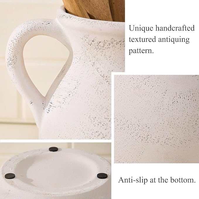 MIYUKI Rustic Kitchen Utensil Holder - 7.6 Inch Ceramic Utensil Crock for Countertop, Vintage Kitchen Counter Decor