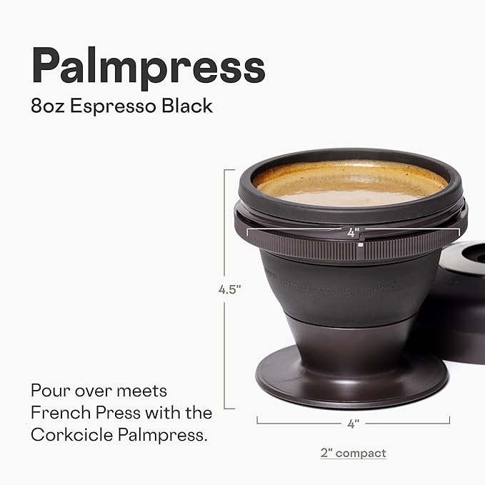 Corkcicle Coffee Palmpress - Single Serve - Portable Pour Over & French Press - Stainless Steel Filter - Collapsible - Holiday Gift - Great for Gifting Warmth - 8 oz - Espresso