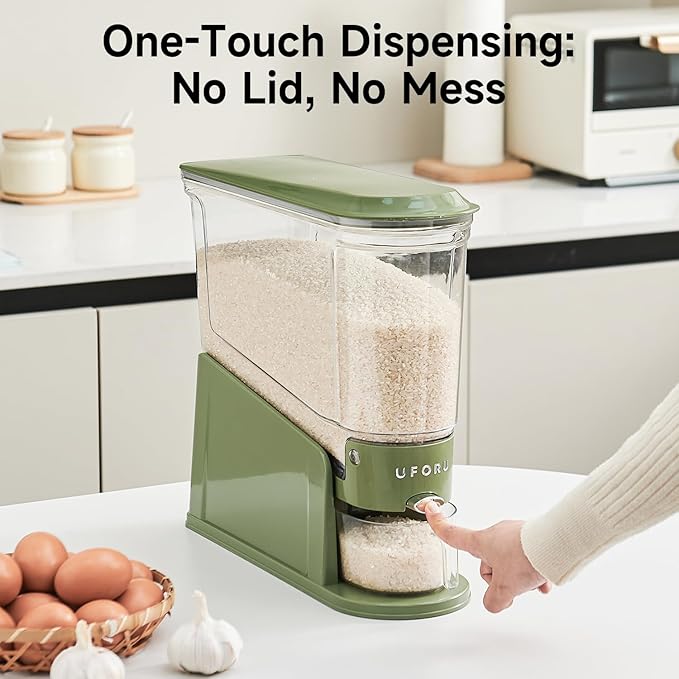 Rice Dispenser 11Lbs, Slim Rice Storage Container for Small Space, BPA-Free Clear Dry Food Dispenser Sealed Moisture Proof, Grain&Cereal Storage Bucket for Kitchen Pantry Household,Green