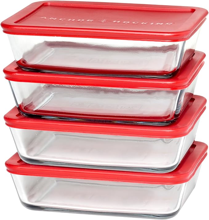 Anchor Hocking SnugFitTM Rectangular Food Storage Containers with Lids (4-Piece, 6-cup, Red, oven-safe)