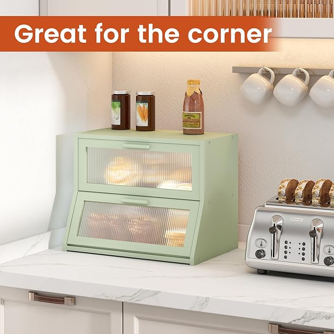 GHWIE Double Layer Bamboo Bread Box for Kitchen Counter,Large Capacity Bread Storage Bin,Bread Container with Acrylic Wavy Door Panel (Light Green, Medium)