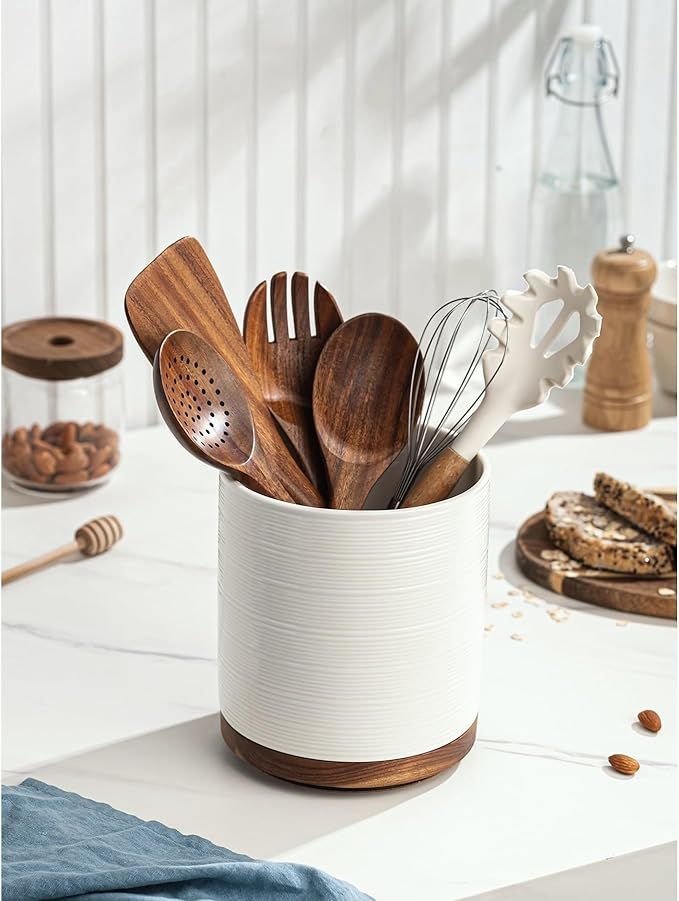 Utensil Holder, 360° Rotating Extra Large Ceramic Kitchen Utensil Holder for Countertop, 7.3“ Cooking Utensil Crocks for Kitchen Counter with Rotatable Wooden Base, Farmhouse Decor, White